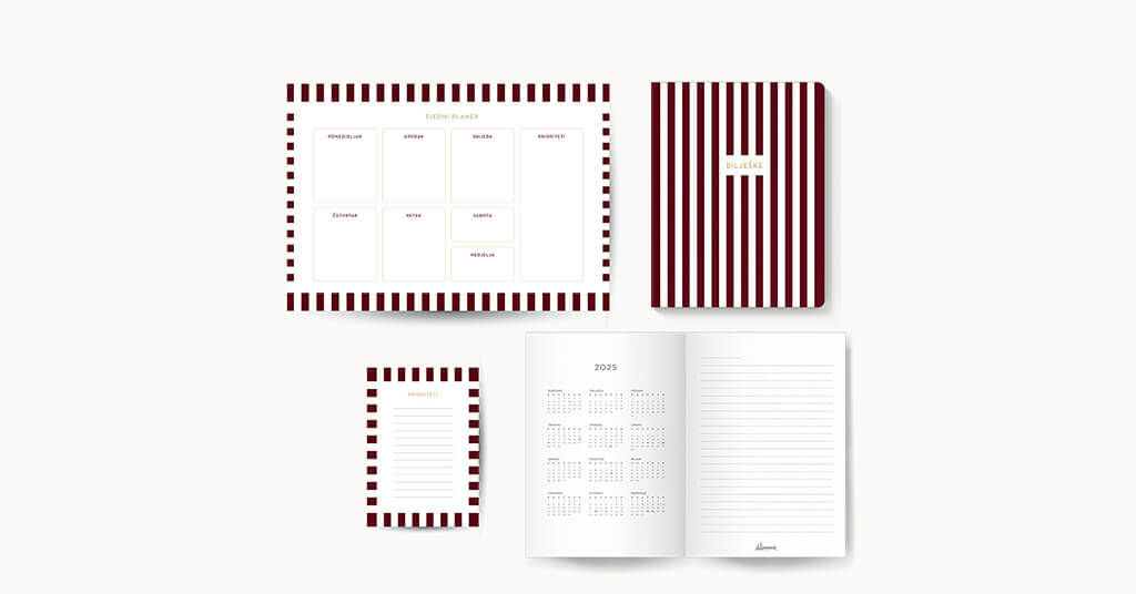 stationery set Bordo koji sadrži tjedni planer, rokovnik i blok